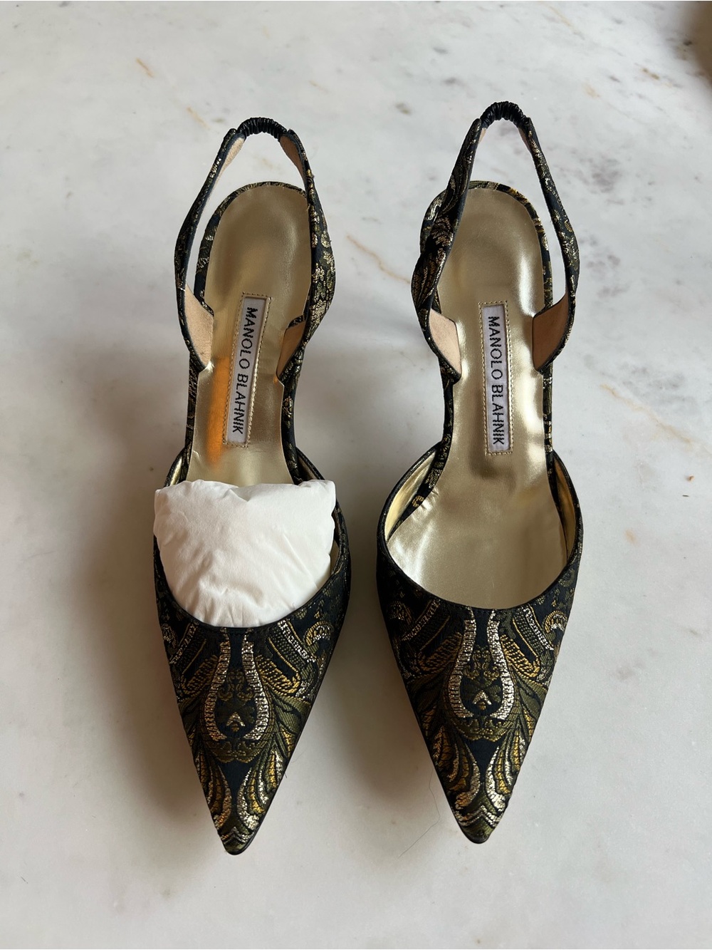 Manolo Blahnik Carolyne 70 (Size 37) - Black & Gold Brocade Slingback